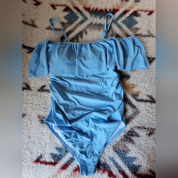 Pinkblush Other - Pinkblush ruffle trim, ruched, one-piece maternity swimsuit, XL. Light blue.
